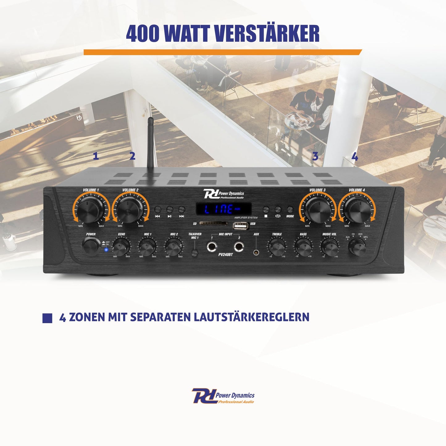 Power Dynamics PV240BT - 4 Kanal Stereo Verstärker Bluetooth, 400 Watt Amplifier Hifi Receiver, Fernbedienung, FM Radio, USB, SD, MP3, 2x Mikrofon Anschlüsse mit Echo, Talkover Funktion - Schwarz