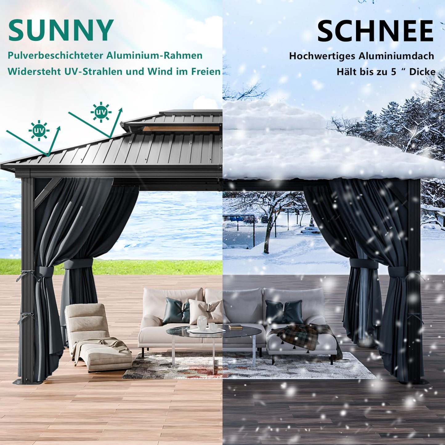 HOTEEL 3x3.65m Hardtop Pavillon Wasserdicht Stabil Winterfest, Gartenpavillon Metall mit Verzinkter Stahl Doppeldach, Alu-Rahmen, Schwer Entflammbare Vorhänge & Moskitonetz, Grau (2025 Aufrüstung)