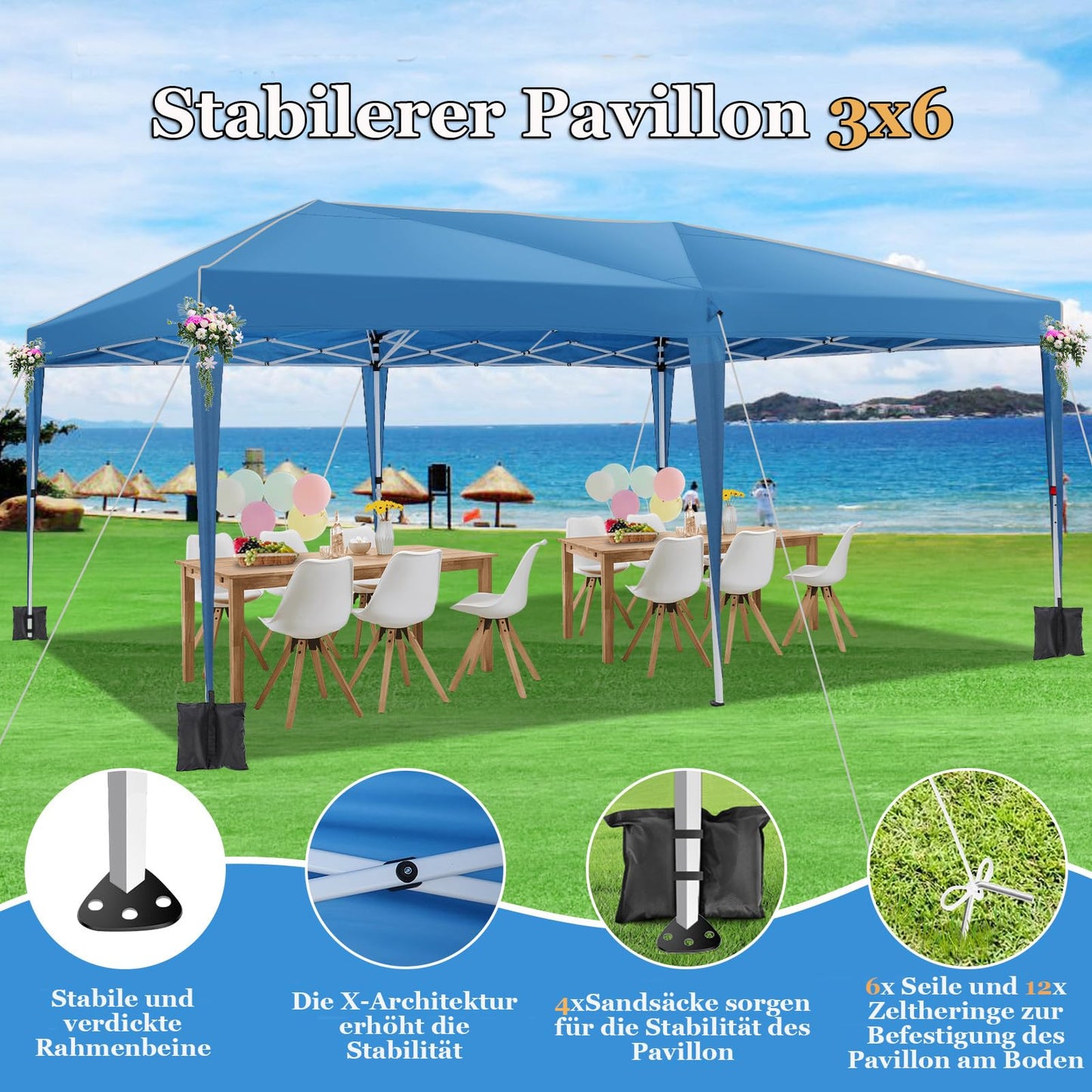 COBIZI Pavillon 3x6m, Faltpavillon 3x6 Wasserdicht Stabil mit 6 Seitenteilen, Zentralverriegelungsstruktu, Pop Up Pavillon Partyzelt Gartenpavillon für Party, Festival, Hochzeit, Anti-UV, Blau