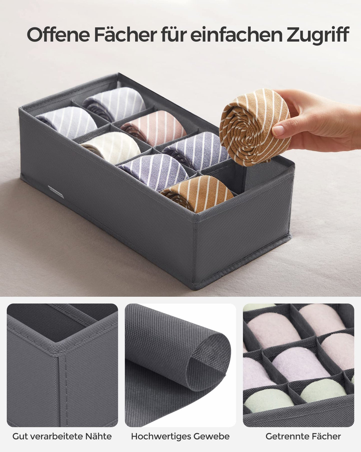 SONGMICS Unterwäsche-Organizer 8er Set, Schubladen-Organizer faltbar, Ordnungssystem Kleiderschrank, Aufbewahrungsbox Schrank, Stoffboxen Aufbewahrung, für BHs Socken Krawatten, grau RUS08GY