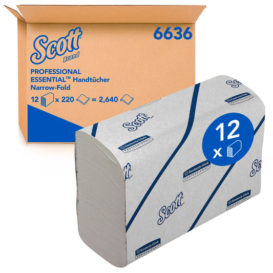 Scott Essential Papierhandtücher 6636 – Handtuchpapier mit Narrowfold, weiße Papierhandtücher, 12 Clips x 220 (insges. 2.640)