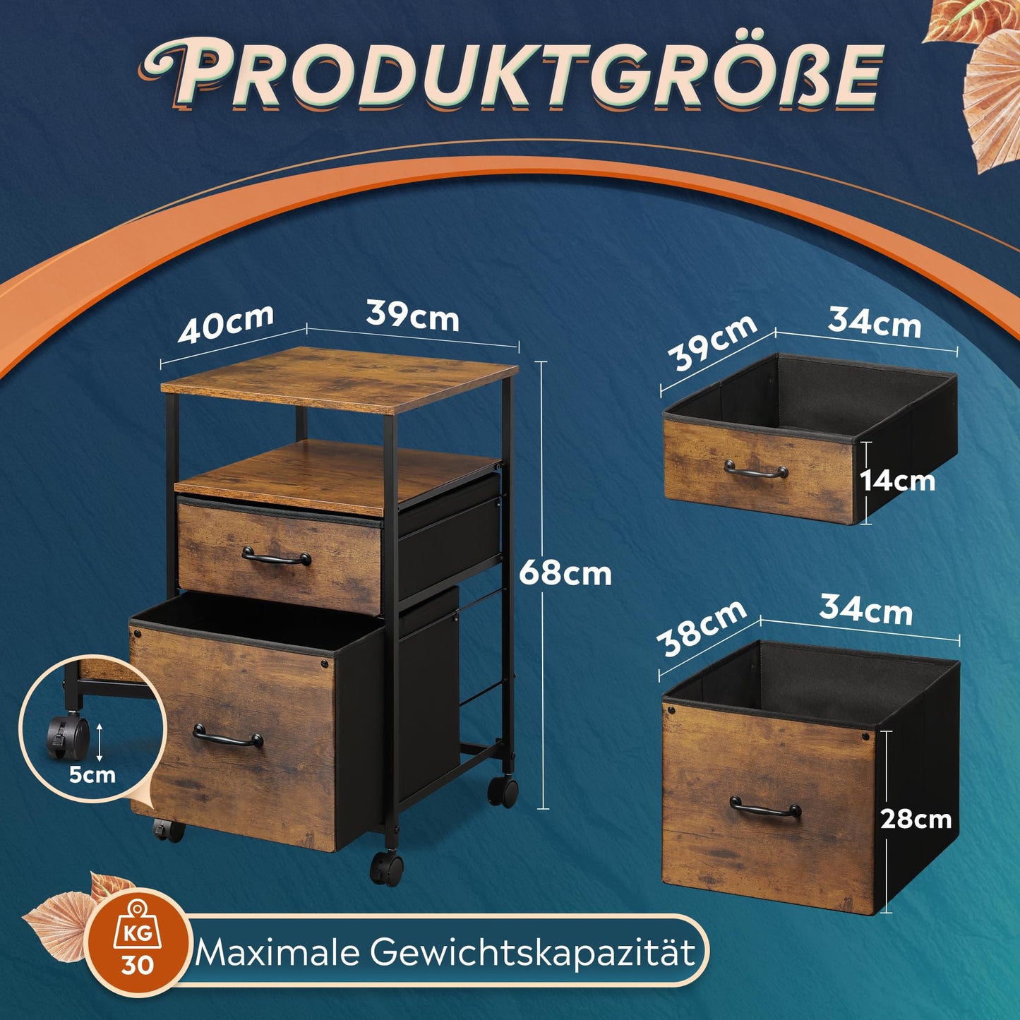 DEVAISE Rollcontainer, Aktenschrank mit 2 Schubladen und Offenes Fach, Büroschrank mit Feststellbaren Rädern, für A4/Legal/Letter, Vintagebraun-Schwarz