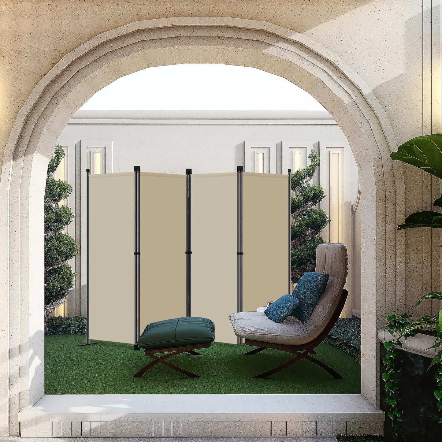 Angel Living Paravent 4tlg Sichtschutz,Faltbildschirm Raumteiler Sichtschutz aus Stahl und Polyester (Beige)
