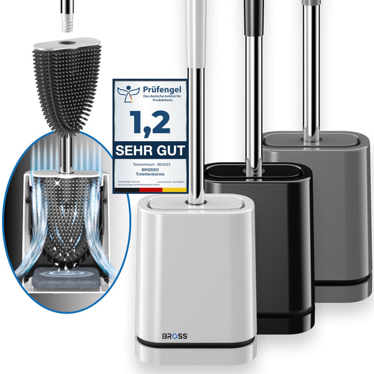 BROSS® Klobürste Silikon - Patentierte Toilettenbürste - Klobürste Weiss - WC Bürste & Klobürstenhalter mit Wandmontage & TurboTrocknung - Innovativ & Antibakteriell - 1er Set