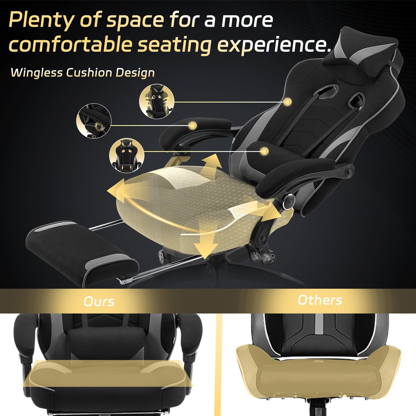 WOLTU Gaming Stuhl Stoff Atmungsaktiv Bürostuhl Gaming Chair Ergonomisch mit Lendenkissen, Gamer Stuhl 150 kg Belastbarkeit PC-Stuhl mit Große Rückenlehne & Sitzfläche, Schwarz+Grau