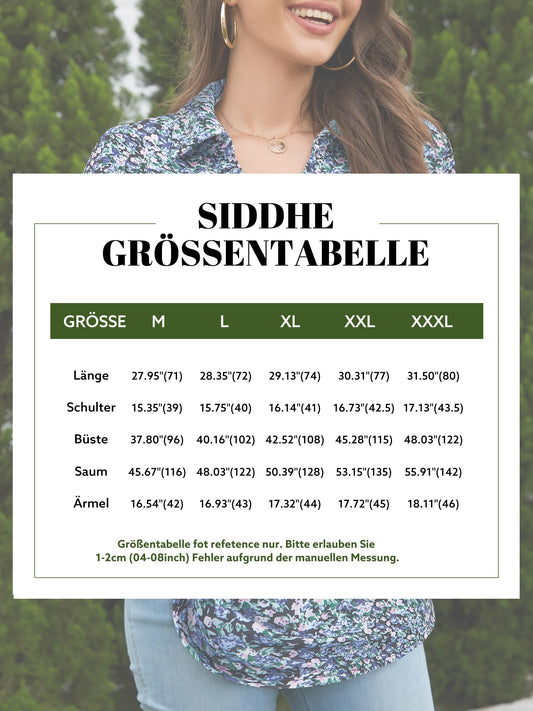 Siddhe Damen Bluse Elegant 3/4 Ärmel Oberteile V-Ausschnitt Große Größen Tunika Tops A-Linie Lockere Arbeits Longshirt Lässige Business Mode Hemd Büro Damenblusen, Blau Blumen 3XL