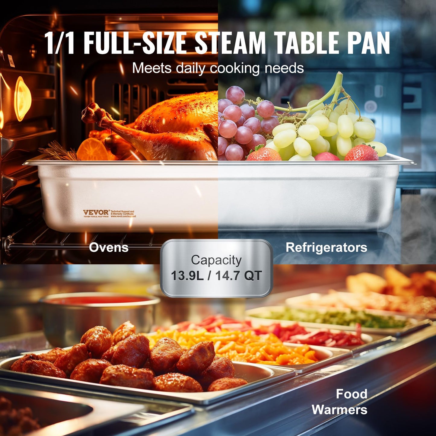VEVOR Gastronormbehälter, Edelstahl Behälter 6 Stück, 530 x 326 x 107 mm Speisebehälter, kommerzieller Dampfpfanne Warmhaltebehälter 13,9 L Tiefe, Hotelpfanne Tisch Food Pan Buffet Catering