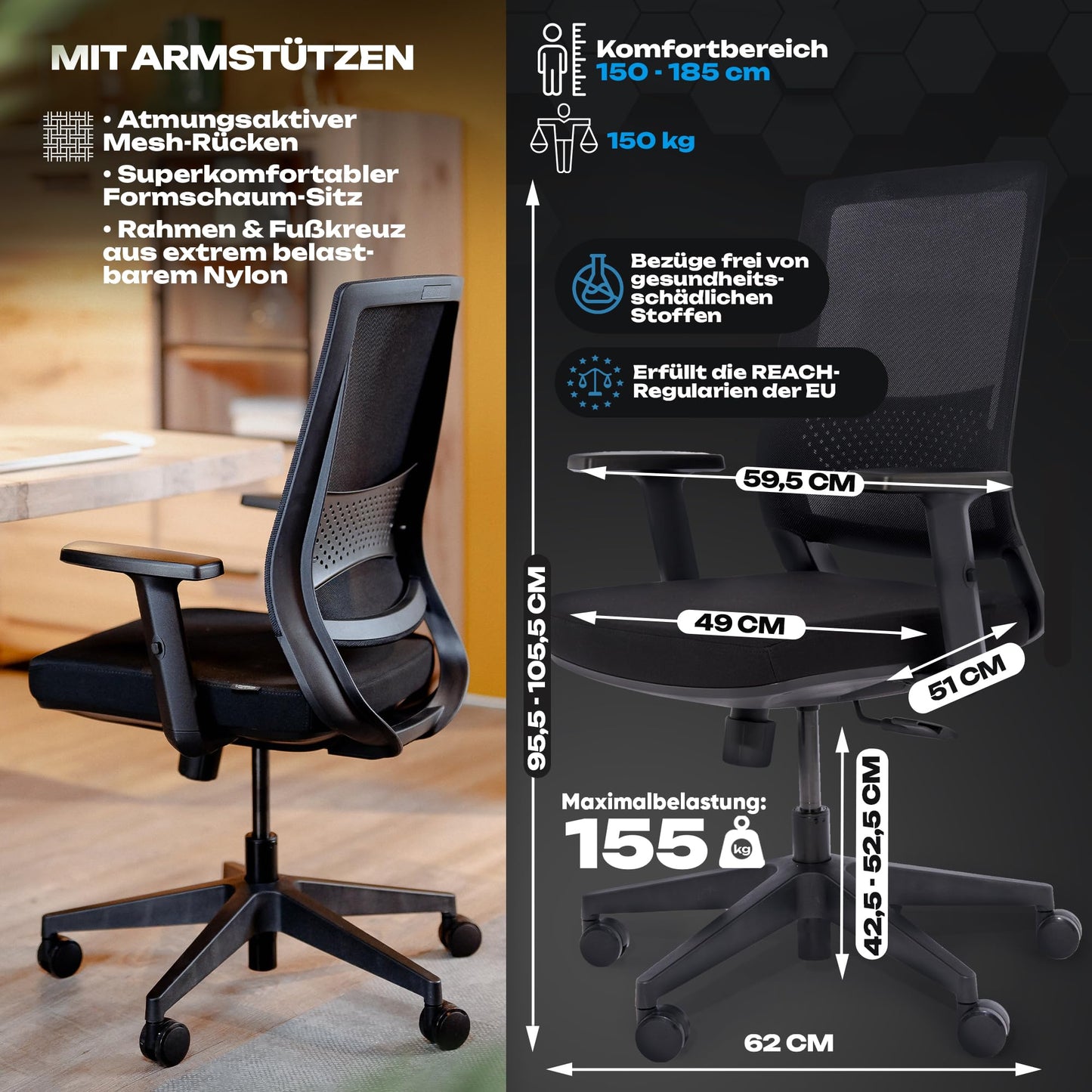 VALKENSTOL M2 Bürostuhl Ergonomisch mit individuell konfigurierbarer Armlehne und Kopfstütze für maximale Bewegungsfreiheit - bequemer ergonomischer Schreibtischstuhl für Büro und Home Office Chair