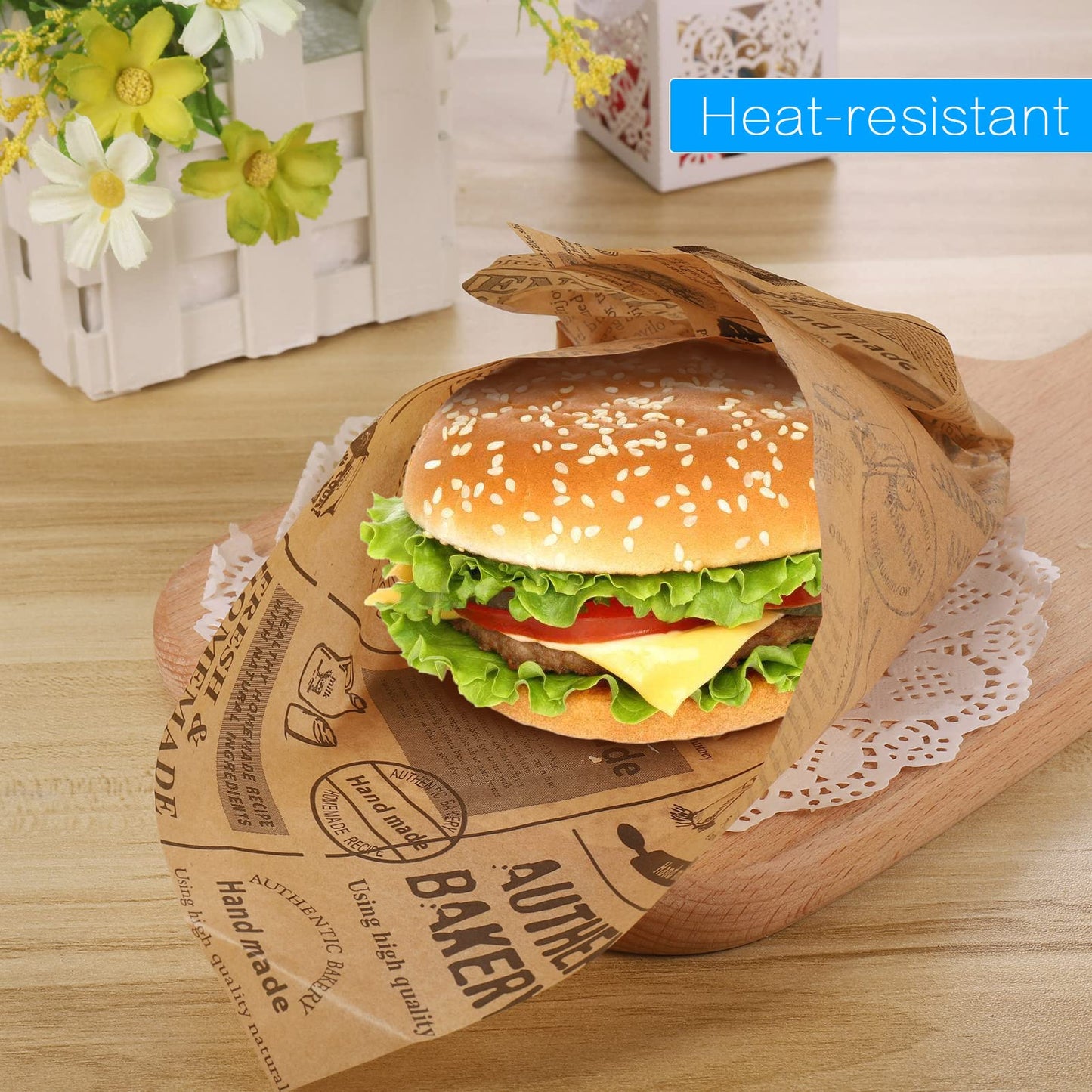 Hejo 100 Blätter Deli Papierblätter, Pommes Papier für Korb, Umweltfreundliches Backpapier, Burger Papier, Wrap Papier für Burger, Butterbrot, Käse, Pommes (25x25cm)