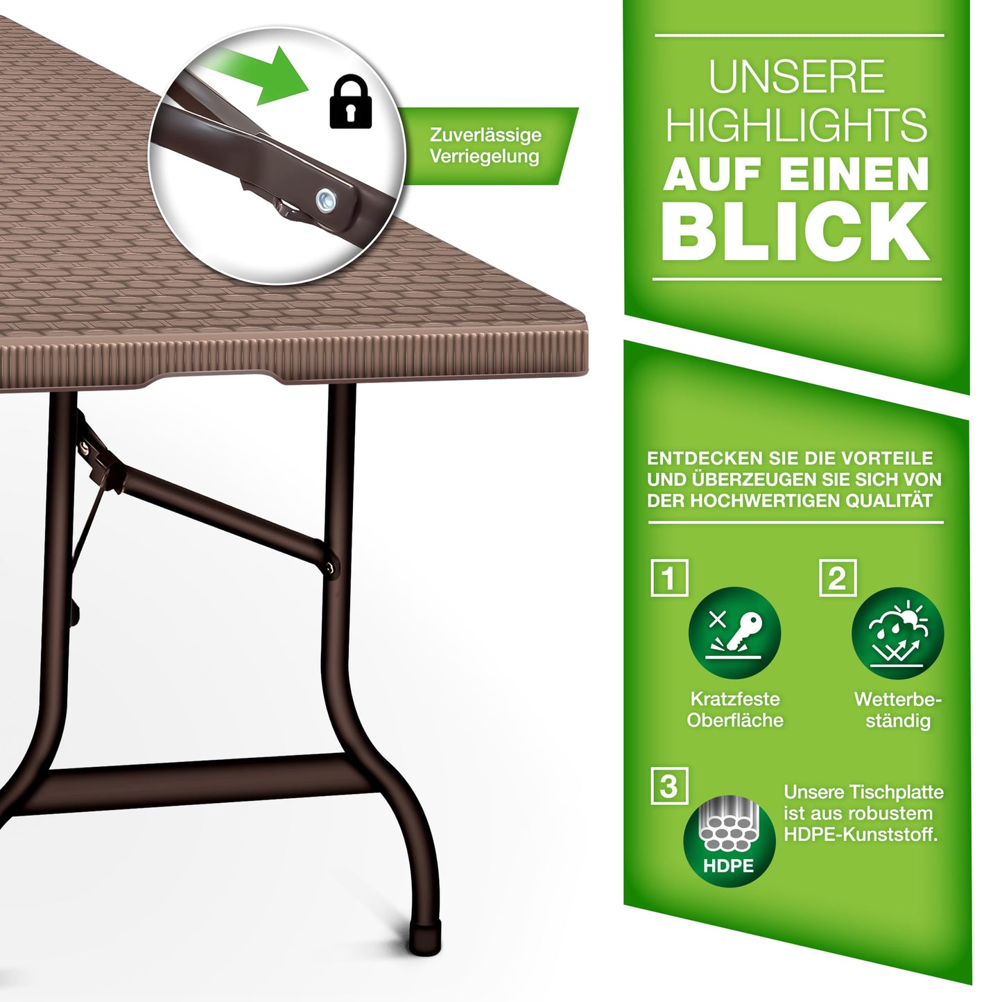 tillvex Gartentisch klappbar Rattan Optik 180x75cm | Buffettisch mit Tragegriff | Klapptisch für Garten Terrasse und Balkon | Campingtisch 6 Personen