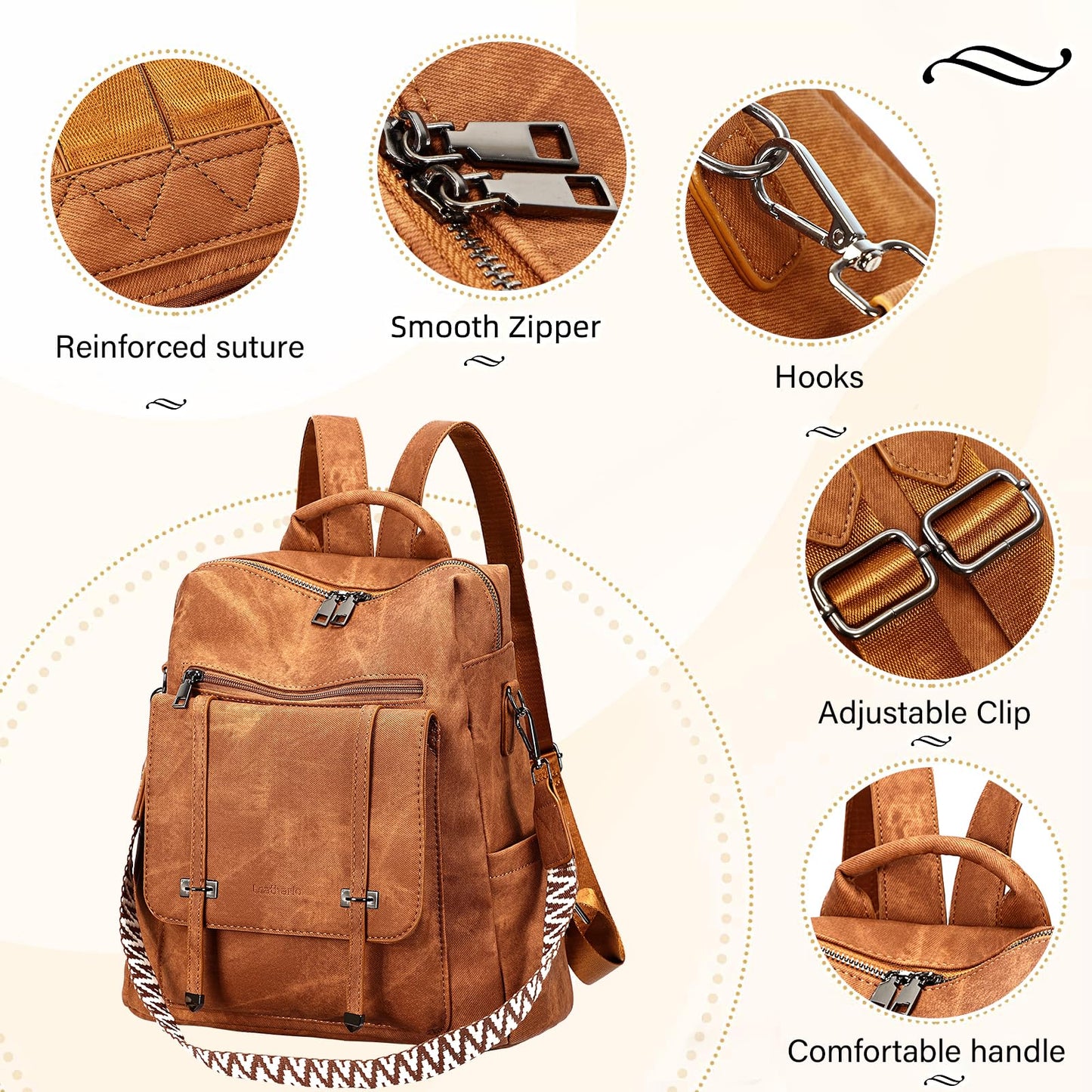 Leathario Rucksack Damen Wasserdicht,Cityrucksack aus PU Leder,Mittelgroße Damen-Rucksackhandtaschen, Cityrucksack Damen für Uni,Travel, Arbeit
