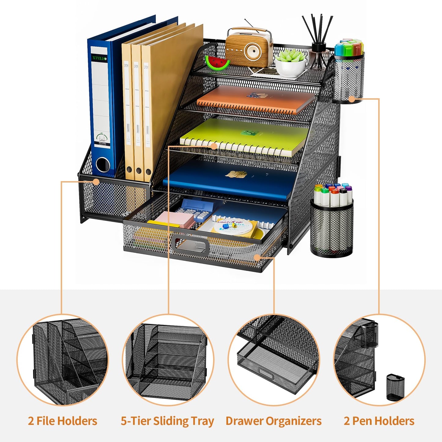 Marbrasse Schreibtisch Organizer,5-Stöckig,Papier-Briefablage mit Schublade,2 Stifthalter,Netz-Schreibtisch-Organizer, Zubehör,Aufbewahrung für Heimbürobedarf (Einseitiger Buchständer)