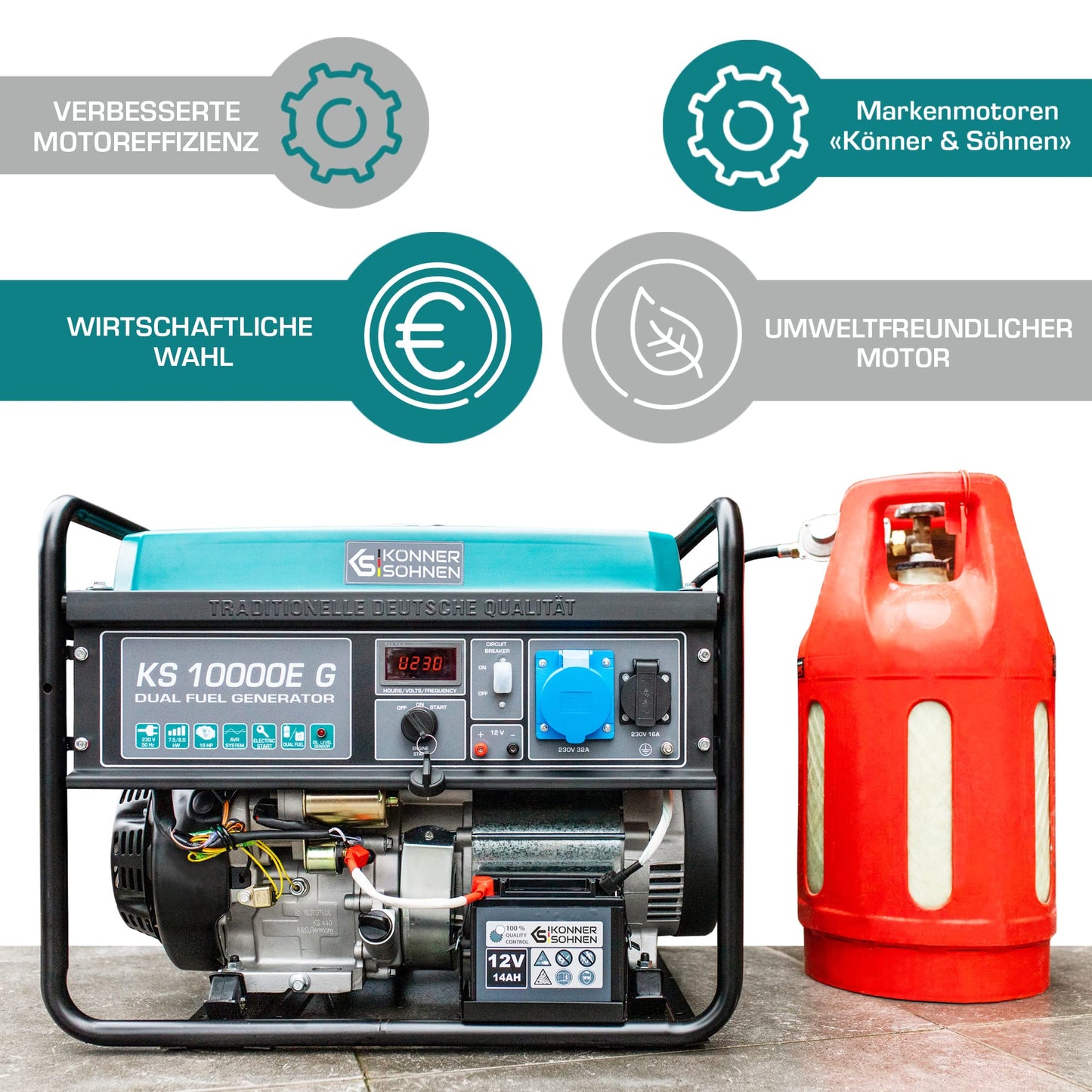 Könner & Söhnen KS 10000E G - Hybrid Benzin-LPG 4-Takt Stromerzeuger, Notstromaggregat 7500 Watt, 1x16A 1x32A Generator mit automatischem Spannungsregler 230V, E-Start, Digitale Anzeige Blau10-g