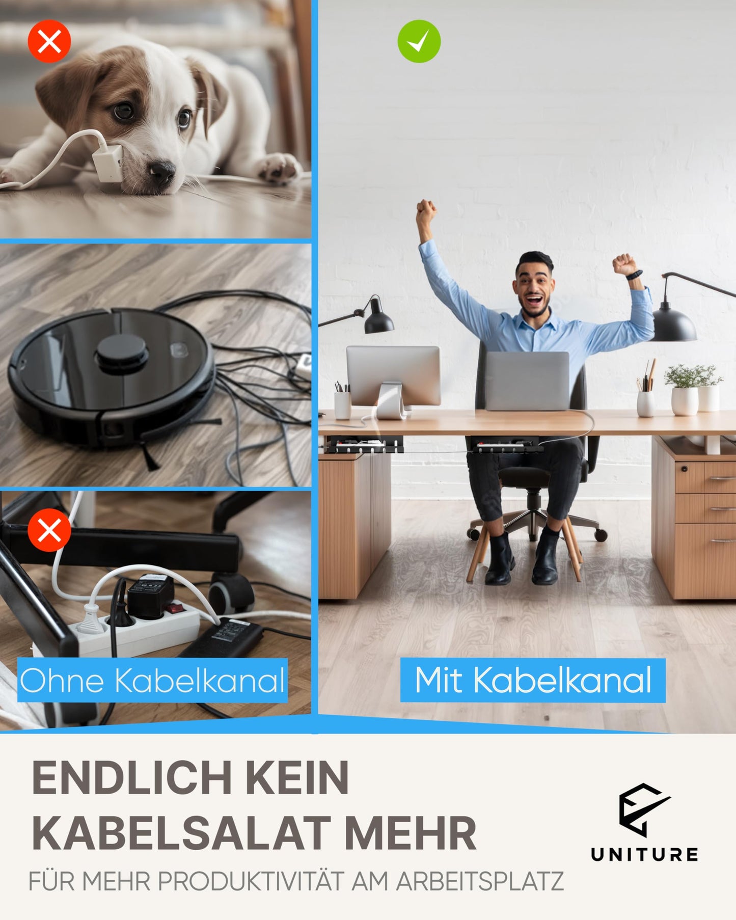 UNITURE® Kabelkanal Schreibtisch [DEKRA Zertifiziert] - 2er Set Kabelmanagement - 2x40cm Kabelhalter - Kabelführung - Cable Management Under Desk - Schwarz