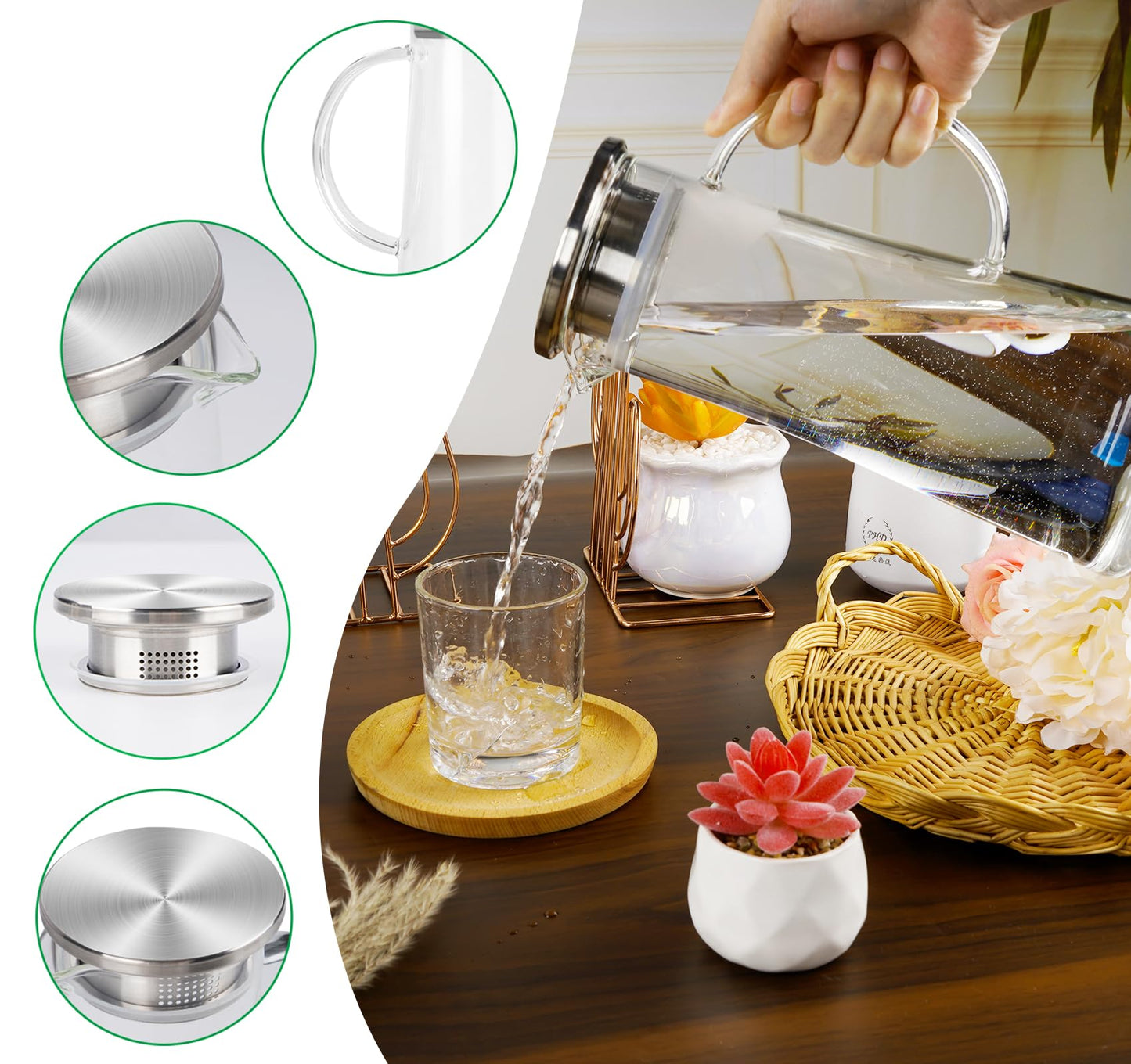 Wasserkaraffe Glas 1,5 L, Glaskaraffe mit Deckel, Wasserkrug mit Edelstahldeckel und Sieb, Glaskanne hitzebeständig für Selbstgemachte Kalte und Heiße Getränke
