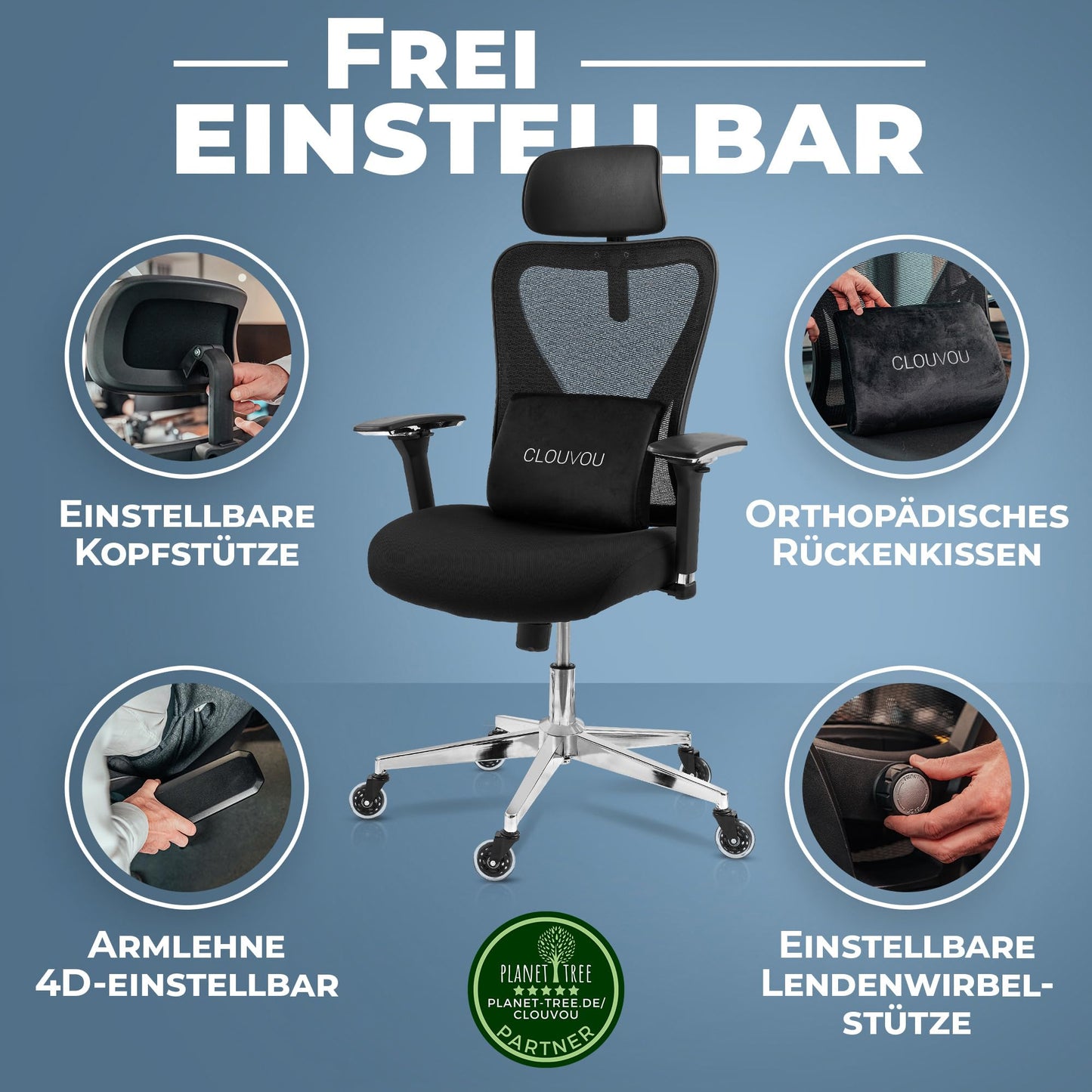 CLOUVOU CleverSeat Bürostuhl Ergonomisch [TESTSIEGER] Schreibtischstuhl 100% individuell einstellbar | Büro Stuhl & Gaming Stuhl | Computerstuhl Home Office Chair Ergonomic | Drehstuhl 150 kg