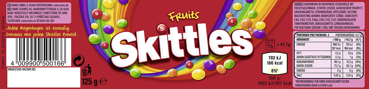 Skittles Süßigkeiten | Fruits | Kaubonbons mit Ananas, Mandarine, Kirsche und weitere Aromen | Vegan | 6 Dosen (6 x 125g)