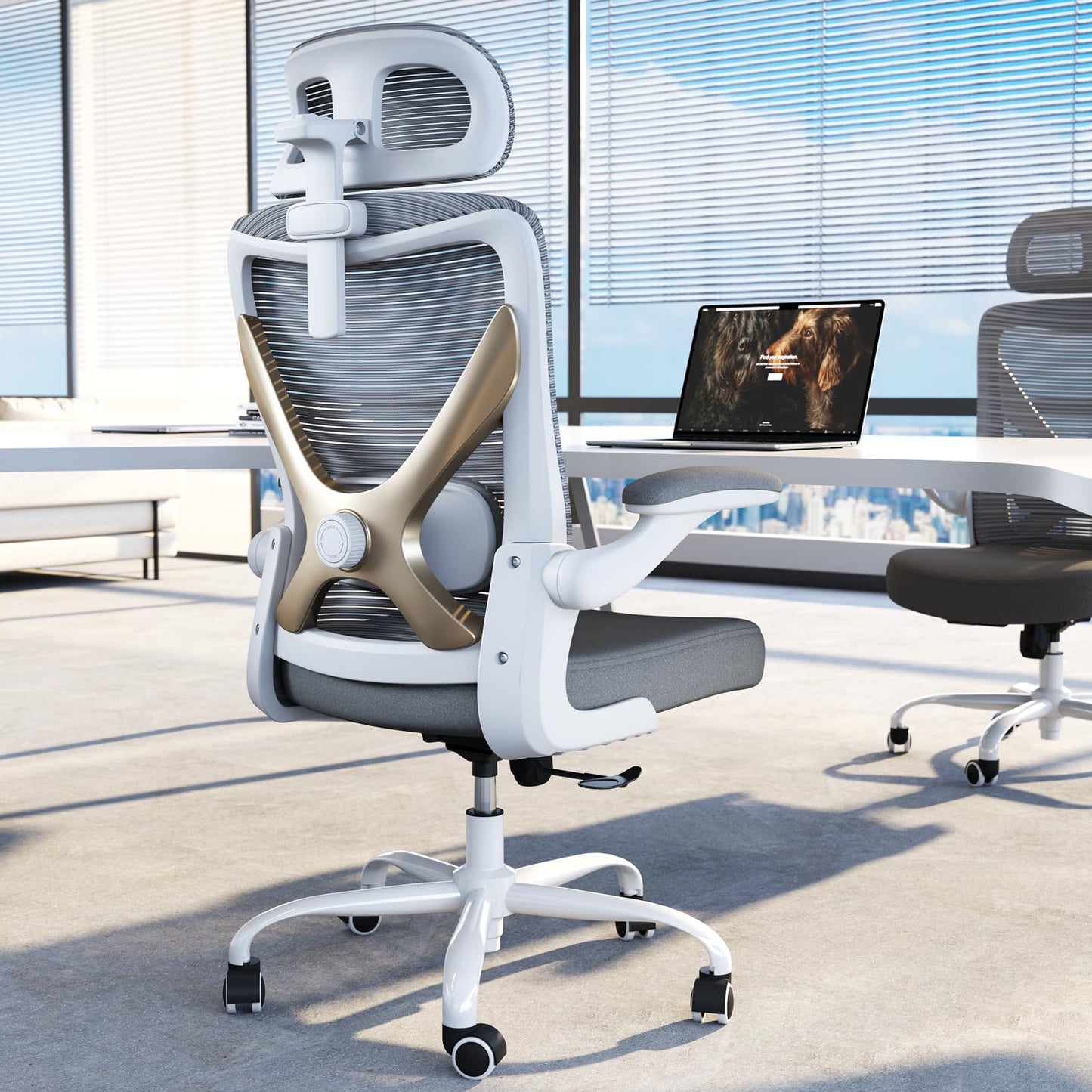 TRALT Ergonomischer Bürostuhl - X-förmiger Computerstuhl, Gaming-Stuhl, Bürostuhl mit Lendenwirbelstütze, Mesh-Bürostuhl mit Kopfstütze, (Grau Gold)