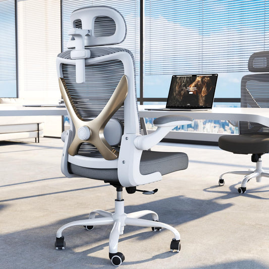 TRALT Ergonomischer Bürostuhl - X-förmiger Computerstuhl, Gaming-Stuhl, Bürostuhl mit Lendenwirbelstütze, Mesh-Bürostuhl mit Kopfstütze, (Grau Gold)