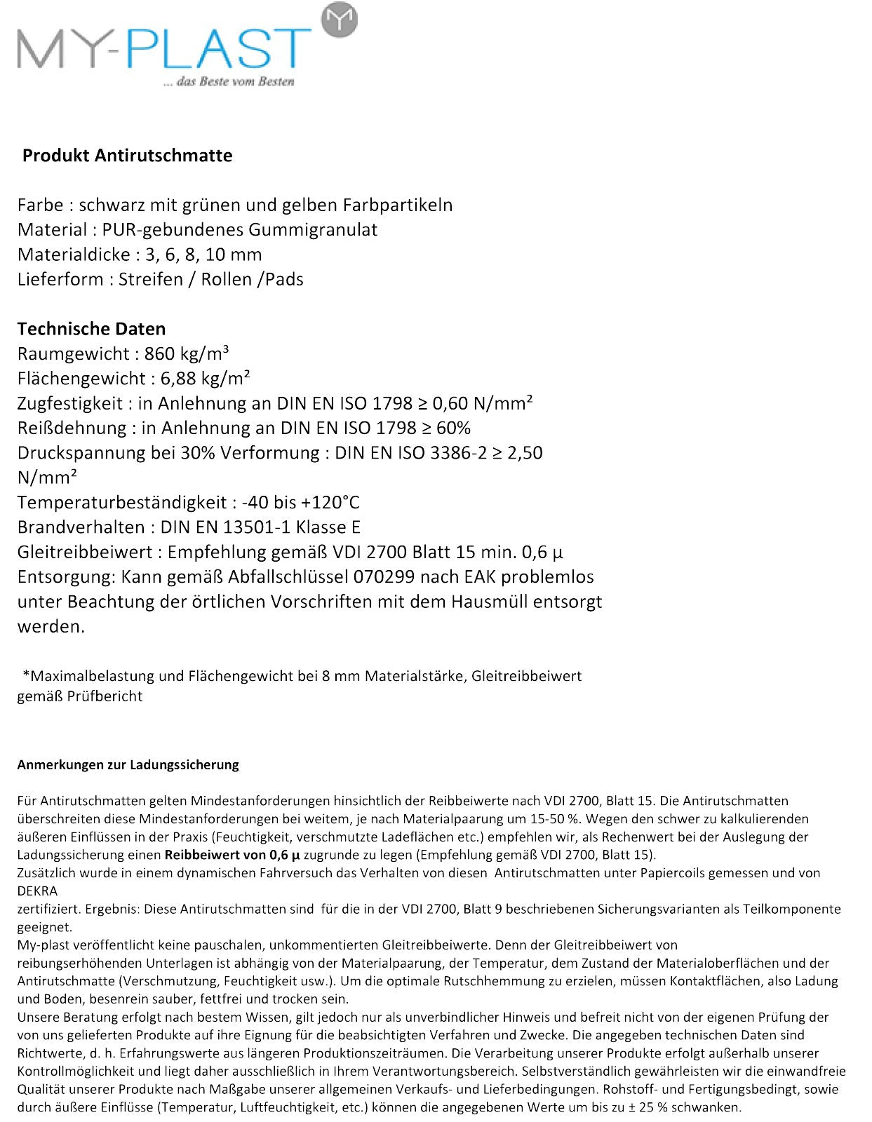 My Plast Antirutschmatte zur Ladungssicherung (10 Meter x 80 mm x 6 mm) auch in 6mm, 8mm, 10mm, Bautenschutz Matte, Terrassenpad Rolle für Terrassenbau, Waschmaschinen Unterlage, Gummiunterlage