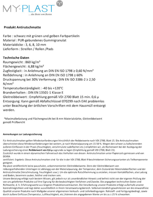 My Plast Antirutschmatte zur Ladungssicherung (10 Meter x 80 mm x 6 mm) auch in 6mm, 8mm, 10mm, Bautenschutz Matte, Terrassenpad Rolle für Terrassenbau, Waschmaschinen Unterlage, Gummiunterlage