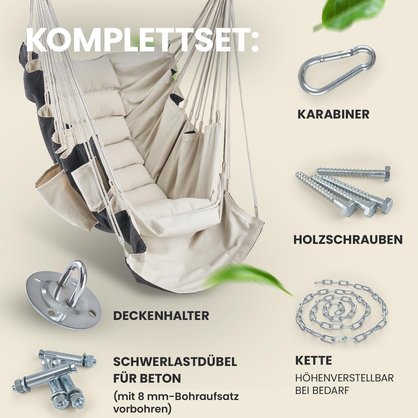 Rexo Hängesessel [Outdoor & Indoor] 120 Kg- Hängeschaukel, Hängestuhl XXL, Hängesitz, Hänge Sessel-Schaukel | Sitz-Hängematte für Balkon, Wohnzimmer, Garten, Deckenhöhe bis 3,1 Meter | Hanging Chair