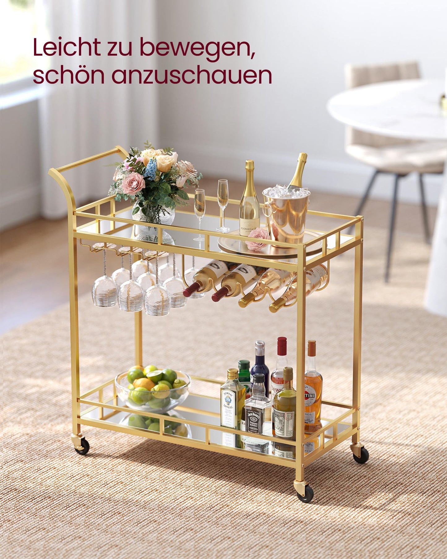 VASAGLE Servierwagen, Rollwagen, Gläserhalter, 2 verspiegelte Glasablagen, Barwagen, Weinwagen, für Küche, Esszimmer, Bar, goldfarben LRC090A03