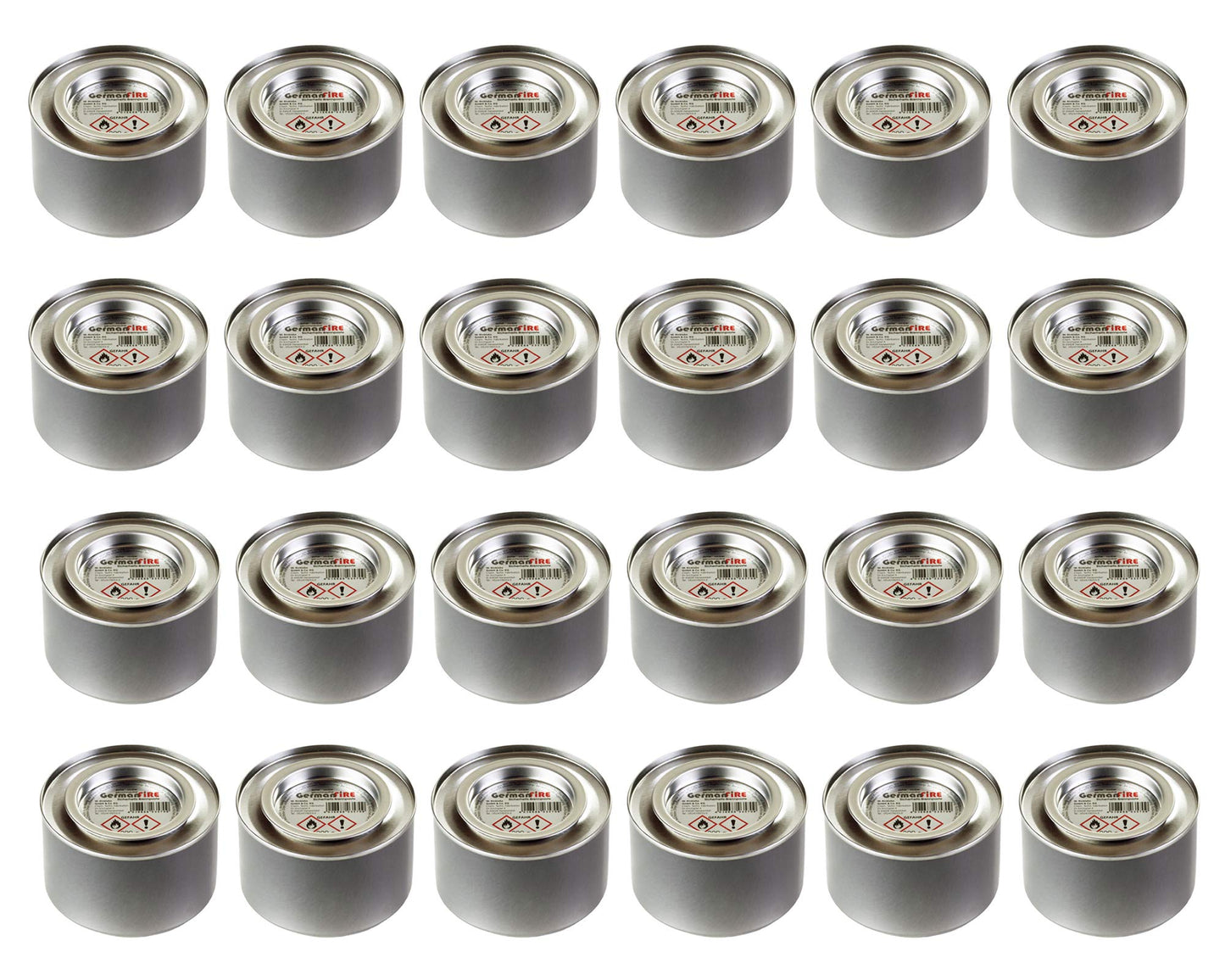 24 x GermanFire- Sicherheits-Brennpaste aus ungiftigem Ethanol, Dose 200 g Brenndauer 2,5 Std. pro Dose, Brenngel für Chafing Dish Speisewärmer Warmhaltebehälter Rechaud