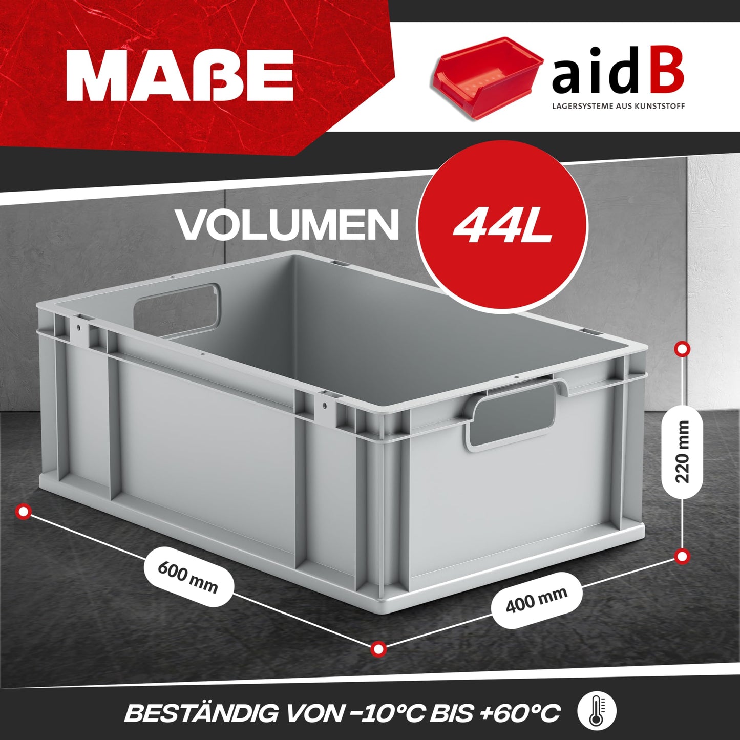 aidB Eurobox NextGen Economy 600x400x220mm – Robuste Aufbewahrungsbox 44L – Stapelbare Kunststoffbox mit offenen Griffen – Plastikbox für Lager, Transport & Aufbewahrung – Industriequalität - Grau