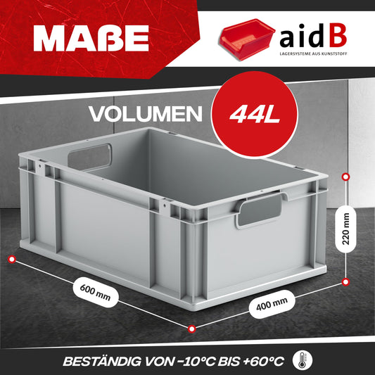 aidB Eurobox NextGen Economy 600x400x220mm – Robuste Aufbewahrungsbox 44L – Stapelbare Kunststoffbox mit offenen Griffen – Plastikbox für Lager, Transport & Aufbewahrung – Industriequalität - Grau