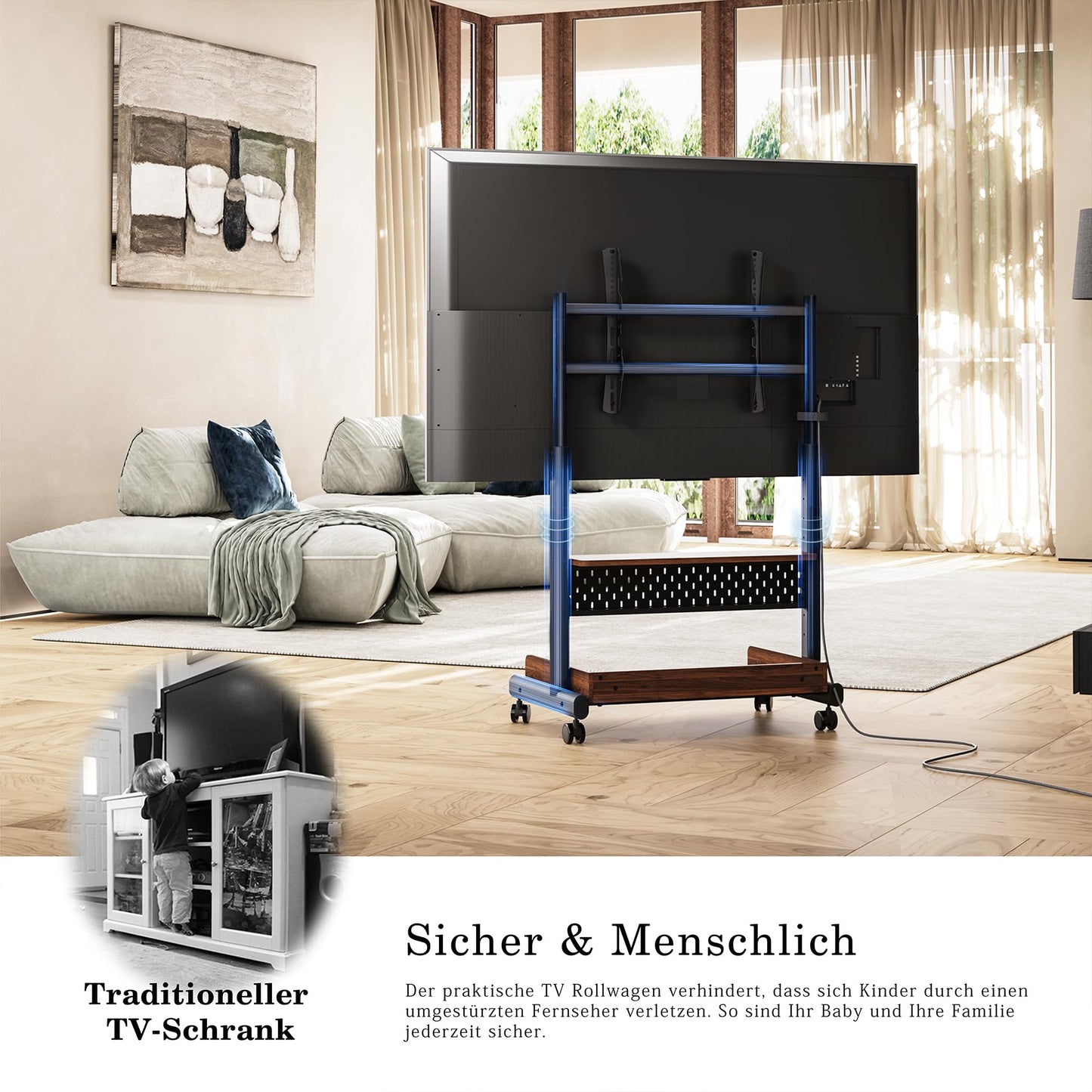 FITUEYES TV Ständer Rollbar Fernsehständer mit Rollen Bodenständer TV Rollwagen für 40-85 Zoll Fernseher höhenverstellbar hoch Max 60KG VESA 600x400 mm