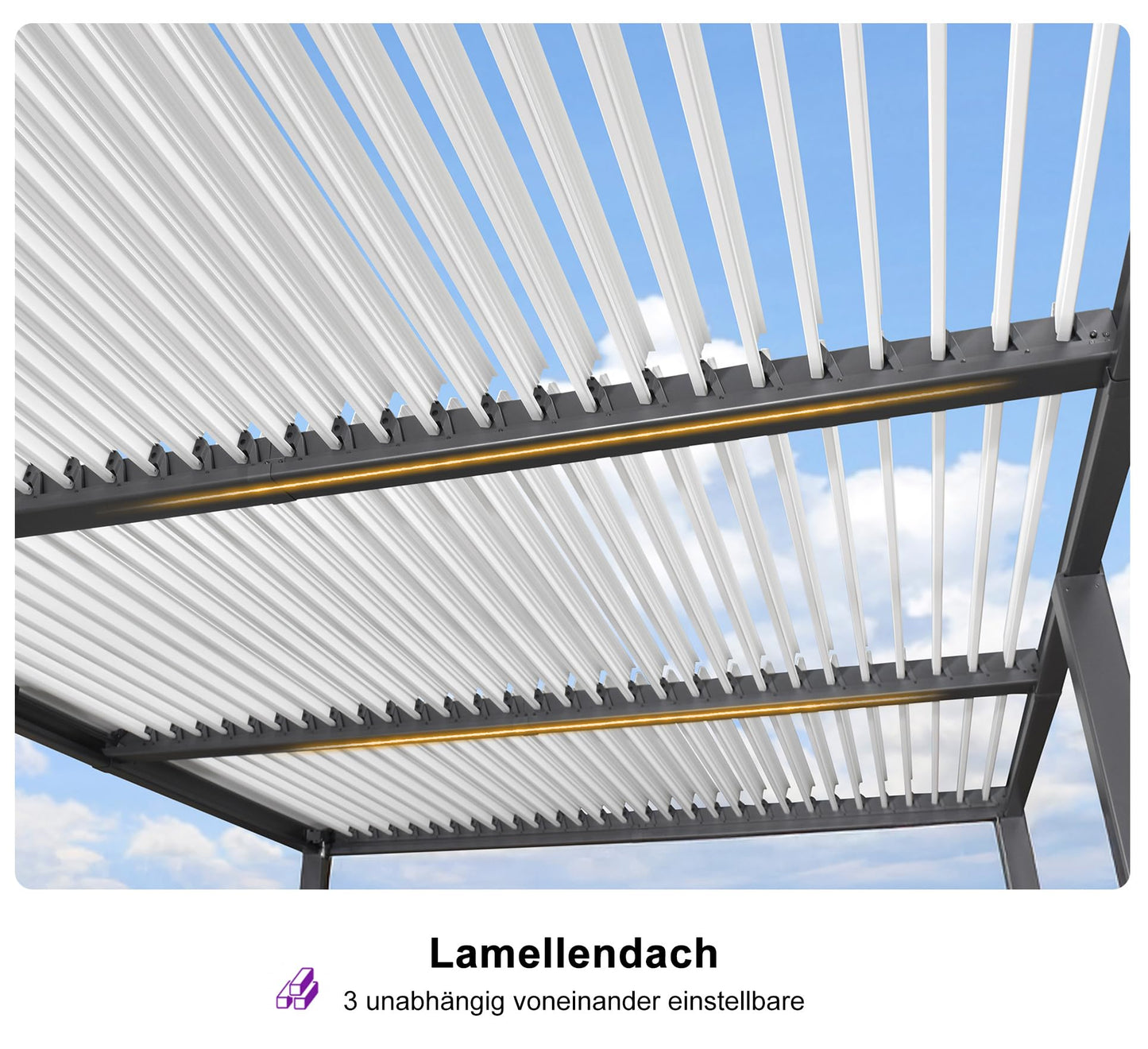 PURPLE LEAF Pergola 3.45 x 6.23 m Wasserdicht Stabil Winterfest Alu Pergola mit Lamellendach Terrassenüberdachung mit Verstellbaren Alu-Lamellen für Carport, Grauer Rahmen und Weißes Dach