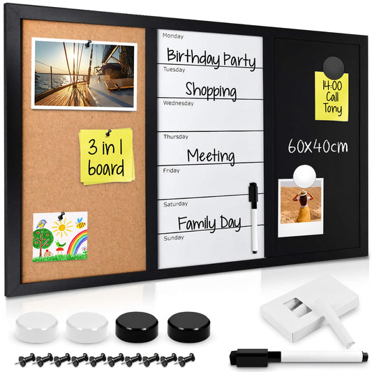 Navaris 3in1 Kombitafel 60x40cm - Kreidetafel Whiteboard Kork Pinnwand - Memoboard magnetische Seiten Weekly Plan inkl. Kreide Pins Magnete