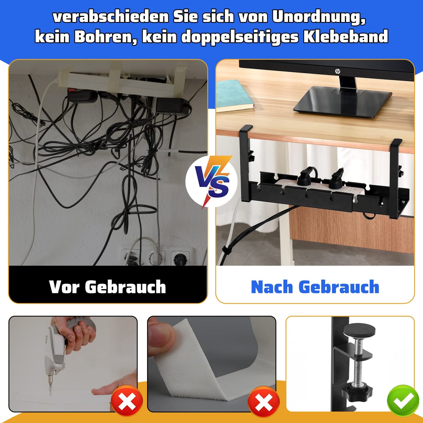 Kabelkanal Schreibtisch Ohne Bohren, HQQNUO Schwarz Einziehbarer 30.5-55cm Kabelmanagement Schreibtisch, Verstellbarer Metall Kabelhalter Kabel Organizer für Home Office Cable Management Under Desk
