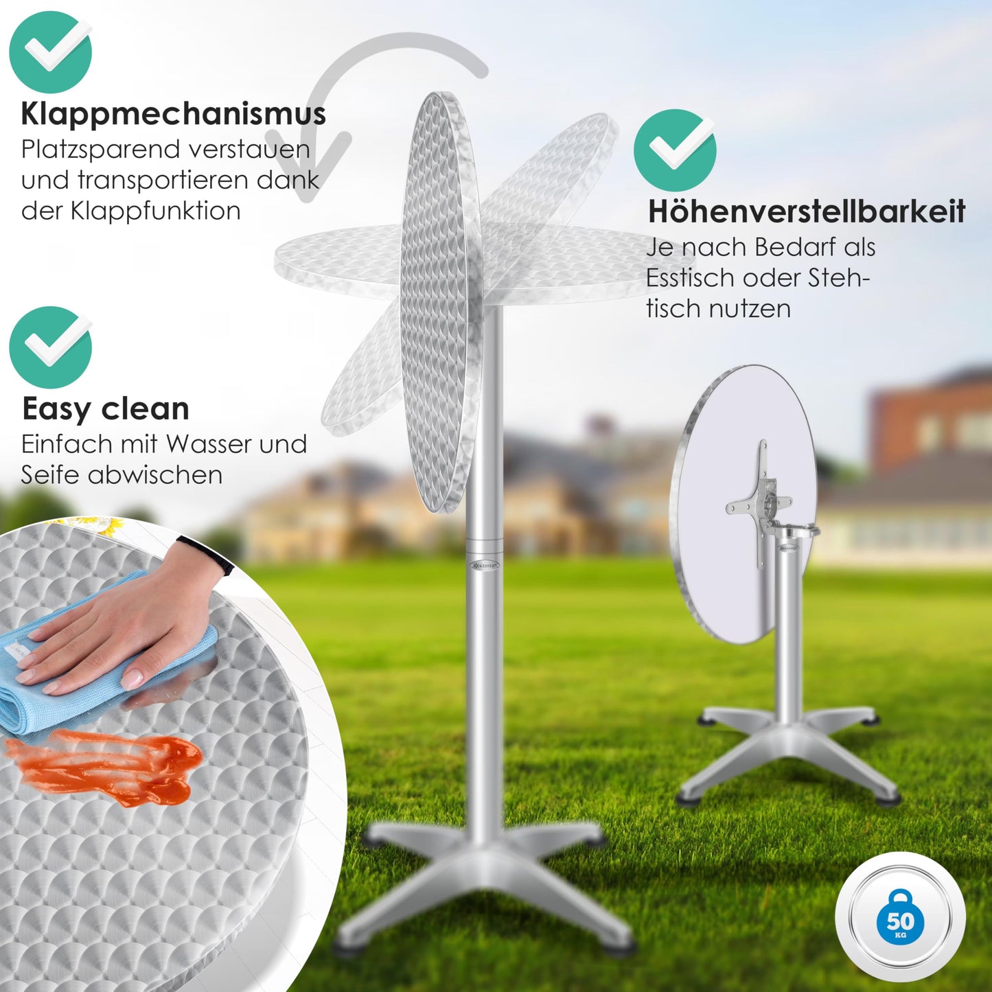 KESSER® 2in1 Stehtisch klappbar Bistrotisch 2er Set | Aluminium Edelstahlplatte | höhenverstellbar 70cm / 115cm | Partytisch Tisch Ø 60cm | In- & Outdoor Empfangstisch | Klapptisch mit Cover Silber