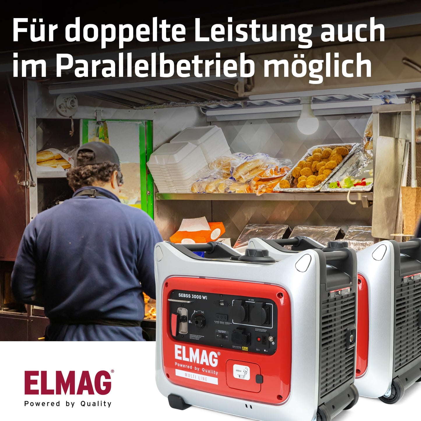 ELMAG Inverter Stromerzeuger SEBSS 3000Wi – 2,6 kVA Benzin Stromgenerator mit 4-Takt-Motor, leise & kraftvoll – Stromaggregat mit ECO-Modus, 2 x 230V, USB & 12V – Für Camping, Outdoor & Notstrom