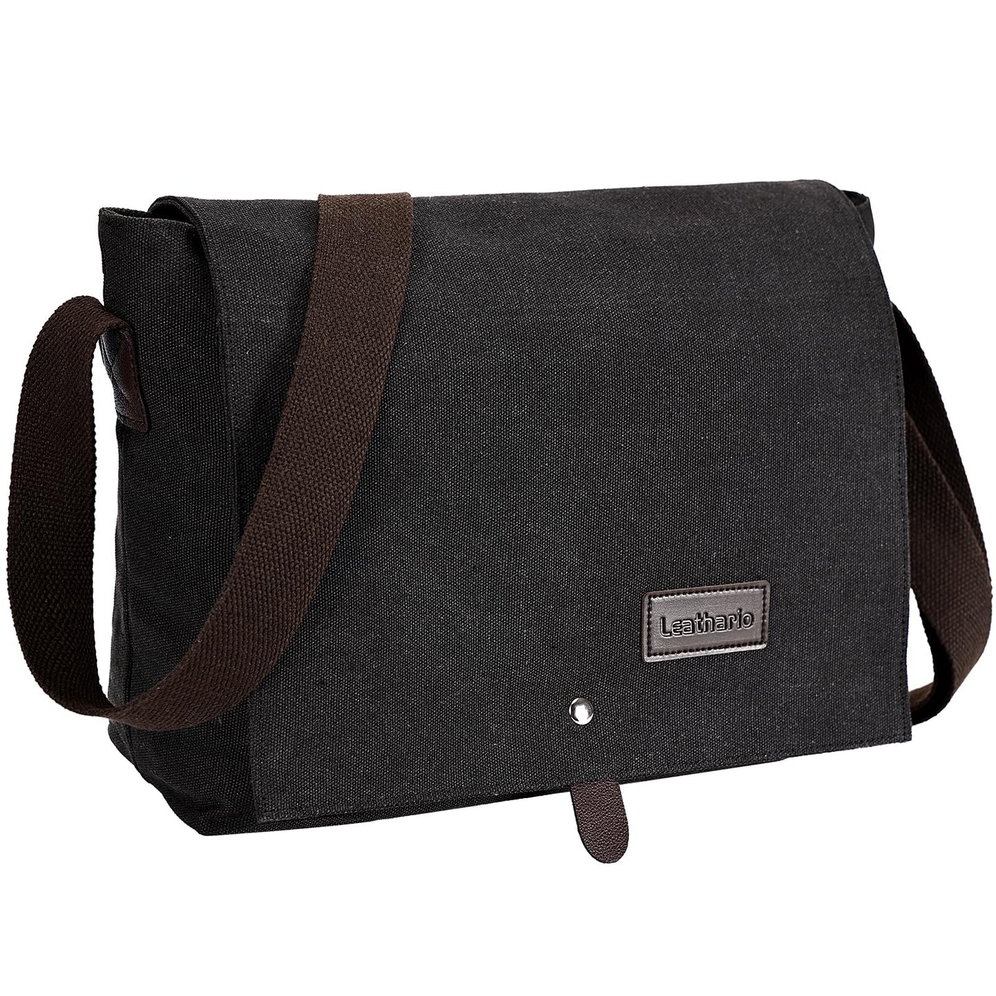 Leathario Umhängetasche Herren，Messenger Bag aus Canvas，Aktentsche Studententasche Laptoptasche 14 Zoll，Schultertasche Kuriertasche Herrentasche Collegetasche Uni Studenten Schwarz