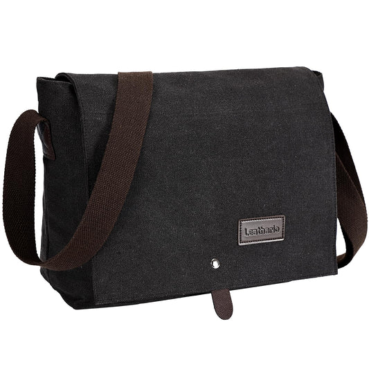 Leathario Umhängetasche Herren,Messenger Bag aus Canvas,Aktentsche Studententasche Laptoptasche 14 Zoll,Schultertasche Kuriertasche Herrentasche Collegetasche Uni Studenten Schwarz