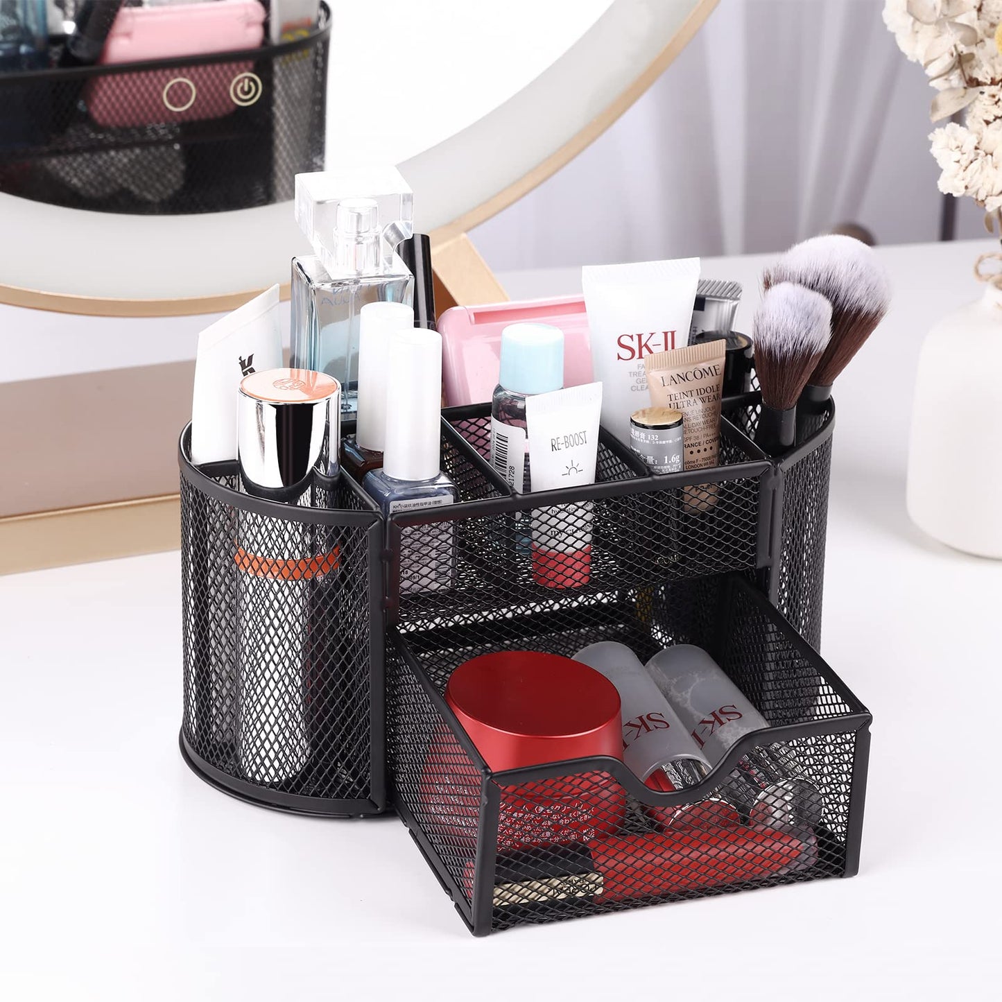Schreibtisch Organizer, Mesh Metall Büro-Organizer mit Schublade und Stifthalter, 9 Sortierfächer für Stifte, Hefter, Ordnerklammern, Haftnotizen, Platzsparendes Desk Organizer Stifte Organizer