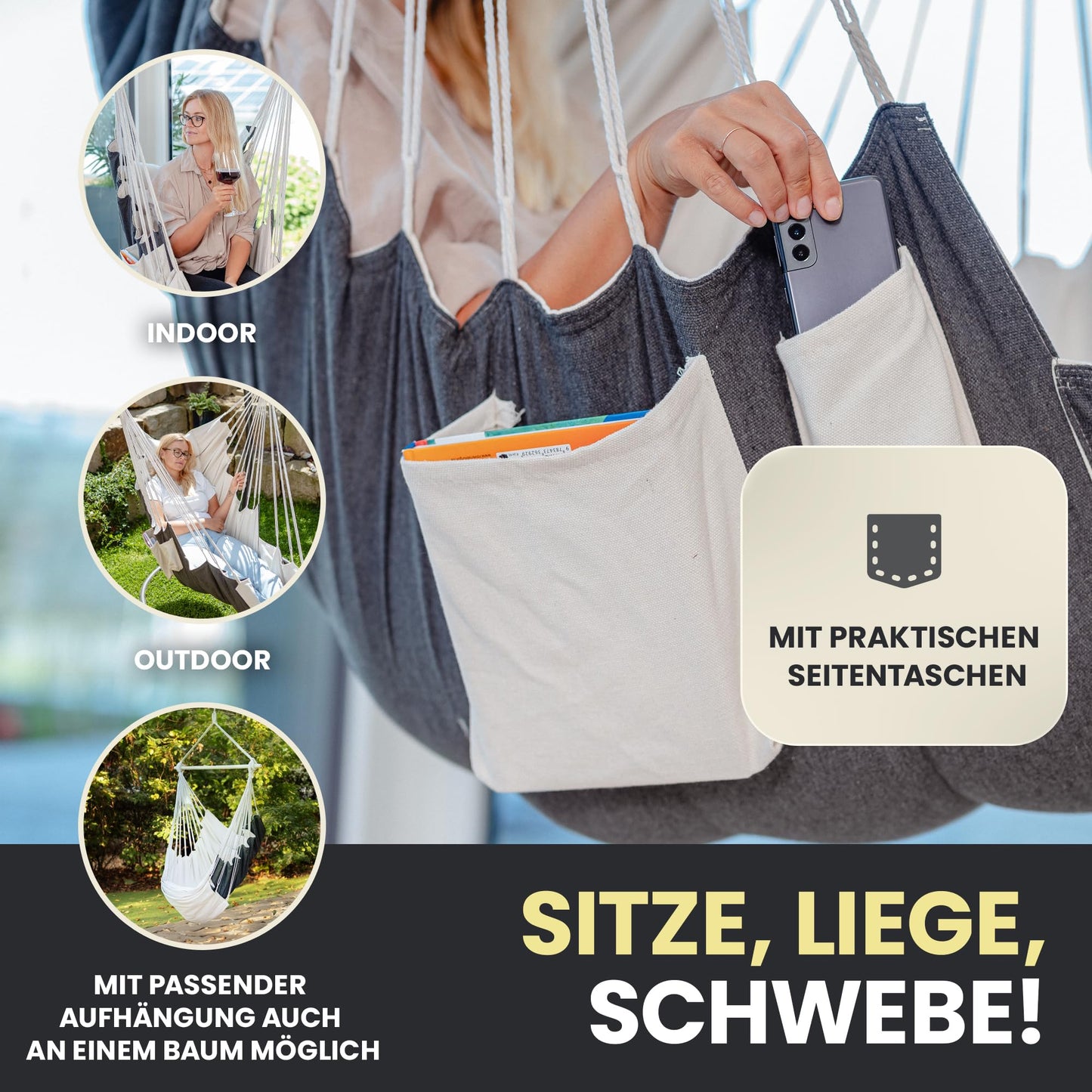 Rexo Hängesessel [Outdoor & Indoor] 120 Kg- Hängeschaukel, Hängestuhl XXL, Hängesitz, Hänge Sessel-Schaukel | Sitz-Hängematte für Balkon, Wohnzimmer, Garten, Deckenhöhe bis 3,1 Meter | Hanging Chair