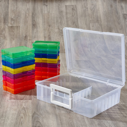 MATANA Foto-Aufbewahrungsbox (38x30x13cm, Farbig) für 15x10cm Fotos - Foto Organizer Box mit 16 Fächern und Etiketten - Sticker & Saatgut Aufbewahrung