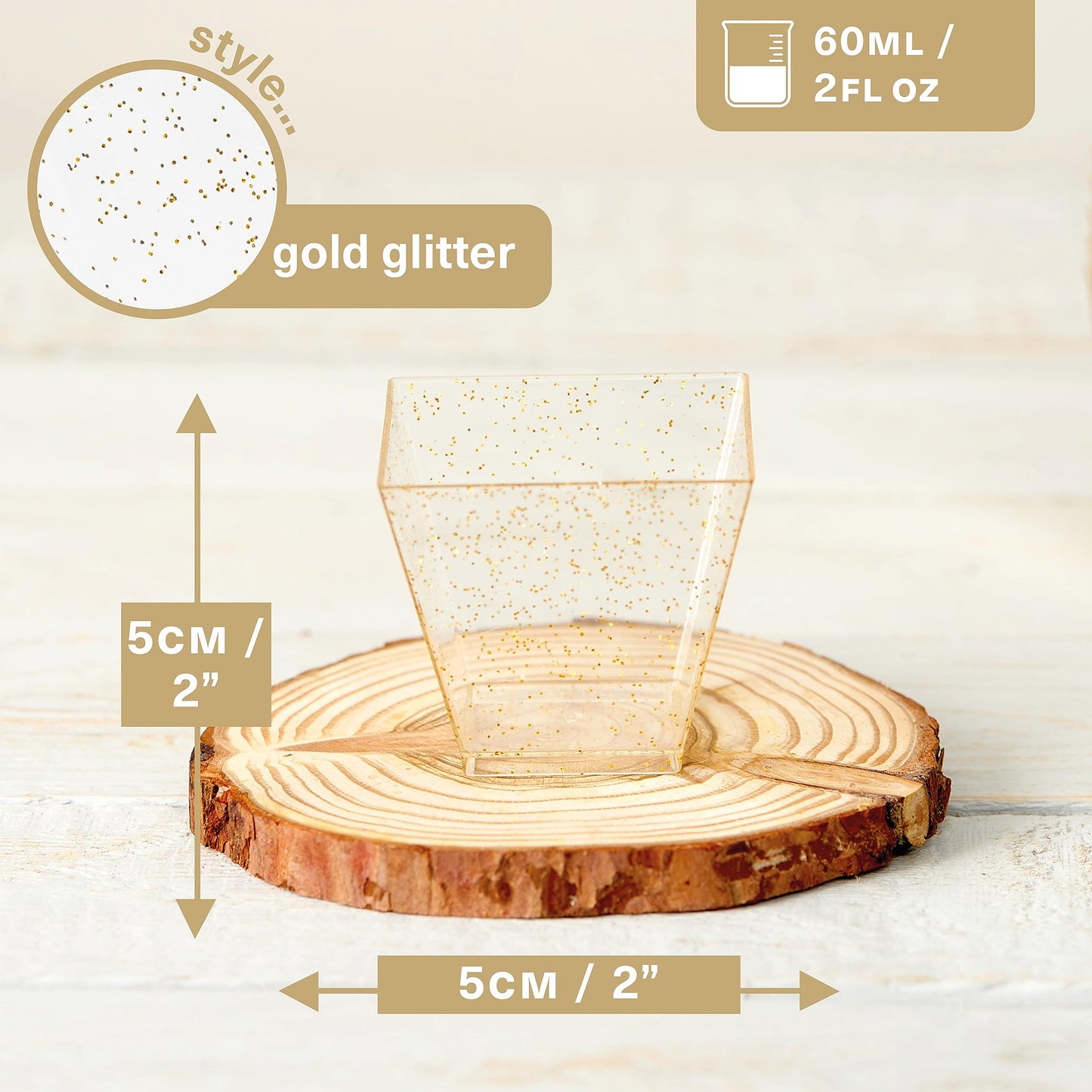 MATANA 100 Mini Plastik Dessertschalen, Dessertgläser mit Goldglitter für Partys, 60ml - Kleine Dessert Fingerfood Schalen, Gold Dessertbecher, Plastikbecher Nachspeise