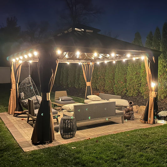 PURPLE LEAF Gartenpavillon 3.65 x 4.25 m Pavillon Wasserdicht Stabil Winterfest Alu Hardtop Pavillon mit Seitenteile 14.6 m 24 LED Lichterketten, Bronze