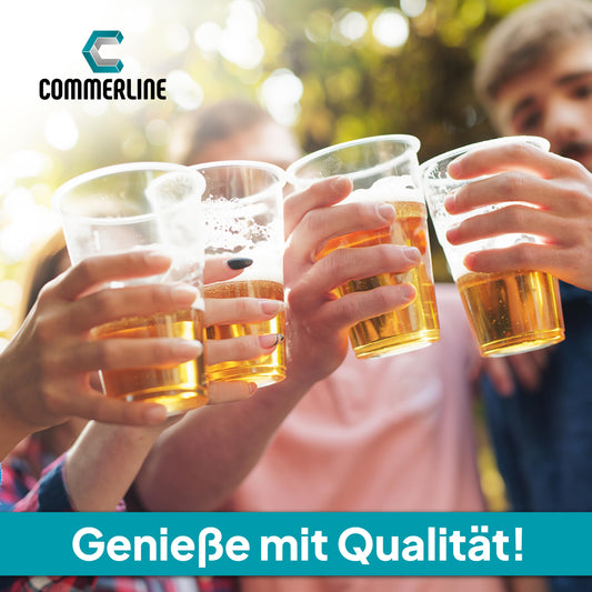 Commerline 100 Stück Plastikbecher 0,3L Trinkbecher, Plastik Transparent Becher, Partybecher, Kunststoffbecher, Wasserbecher Ausschankbecher
