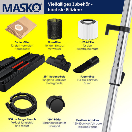 MASKO® Industriestaubsauger Staubsauger Nass Trocken Sauger Edelstahl 2300W + Steckdose | Blasfunktion | Push&Clean | Industrie-Sauger mit & ohne Beutel | beutellos Blau