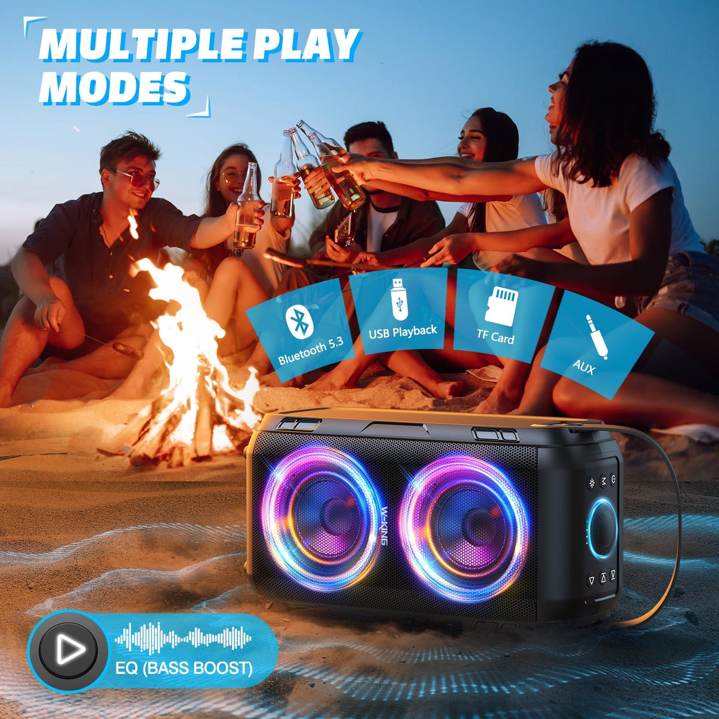 W-KING Bluetooth Lautsprecher mit 2 Vollfrequenztreiber– Superbass, Bluetooth Box Musikbox Party Lautsprecher mit 80 W und LED-Beleuchtung, 105dB-Sound, IPX5, 24 Stunden, U-Disk, TF-Karte, AUX, EQ