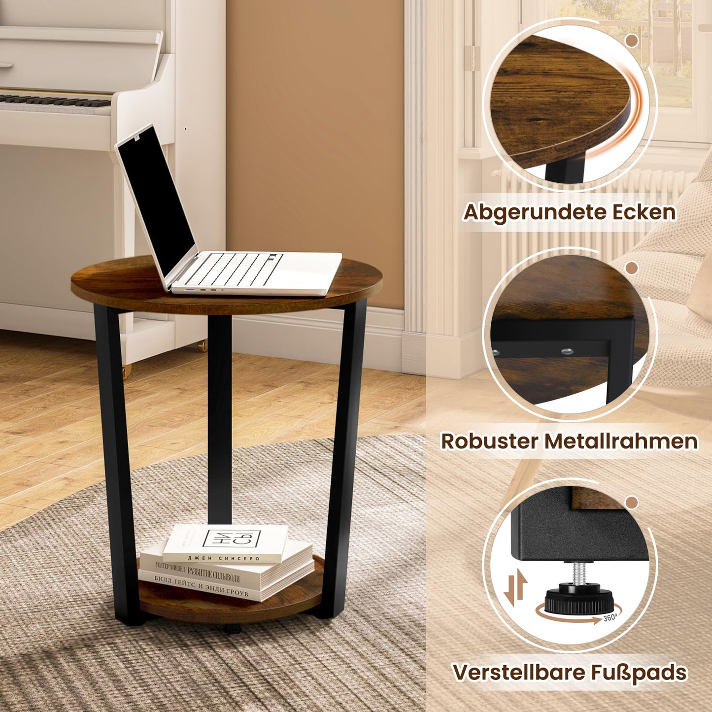 WOLTU Couchtisch rund, Beistelltisch modern, Wohnzimmertisch klein, Sofatisch mit 2 Ablagen, Wohnzimmer Tisch für Couch, Nachttisch, mit Stauraum, aus Holzwerkstoff, Rustikales Braun, BTS13vbn