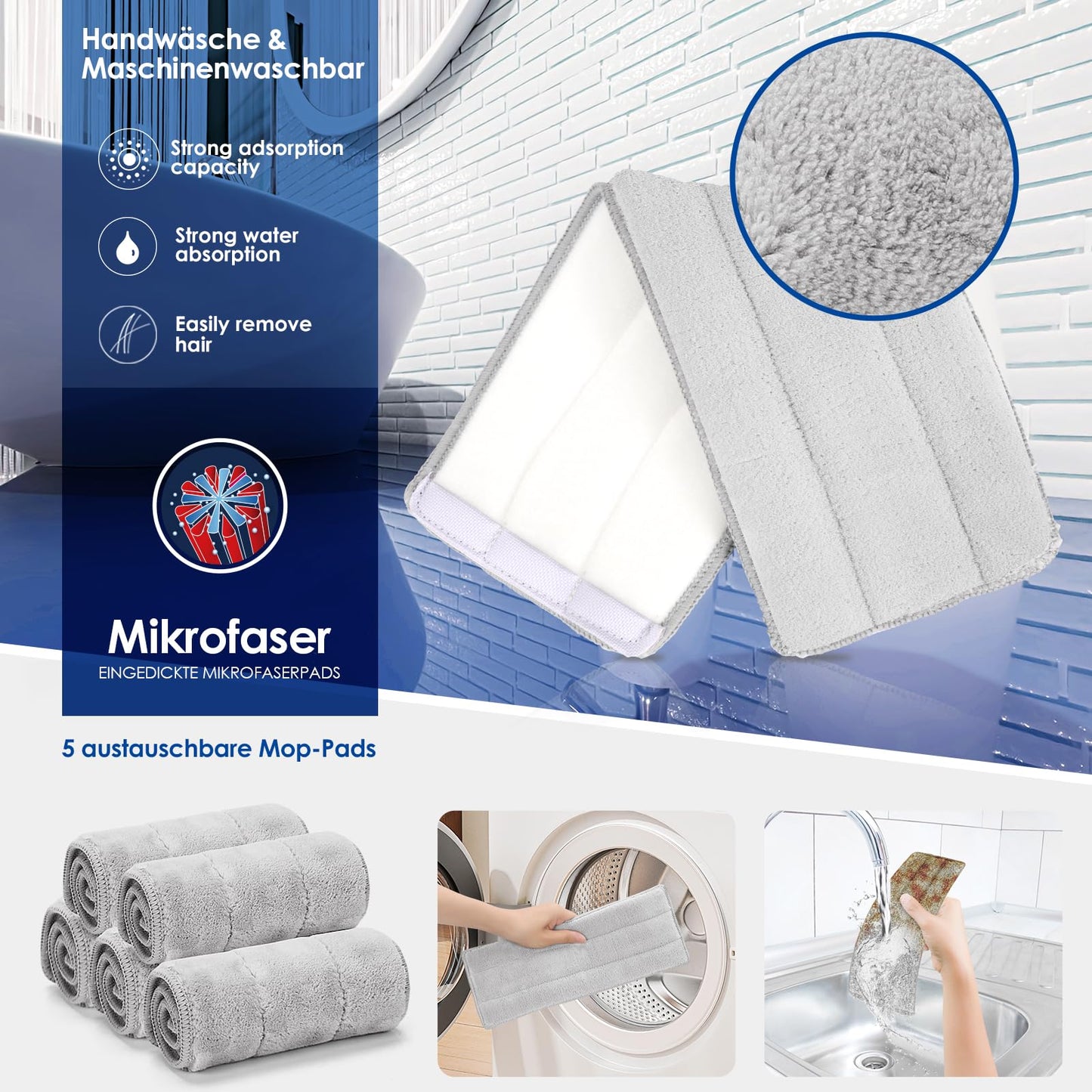 Myiosus Wischmopp Set mit Eimer, Bodenwischer, 2 in 1 Putzeimer mit Wischmop, 138cm Flachmopp für Bodenreinigung und Wandreiniger, 360° Wischmopp mit Auswringfunktion für Alle Böden-5 Mikrofaser Pads