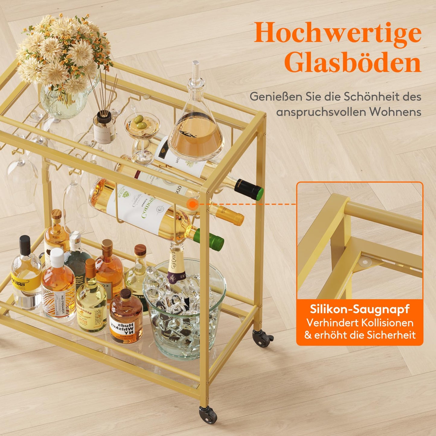 Lifewit Barwagen, Servierwagen mit 2 Etagen Glasböden, rollender Alkoholwagen mit feststellbaren Rädern, Glashalter und Weinregal, Getränkewagen für Küche, Esszimmer und Wohnzimmer, Gold