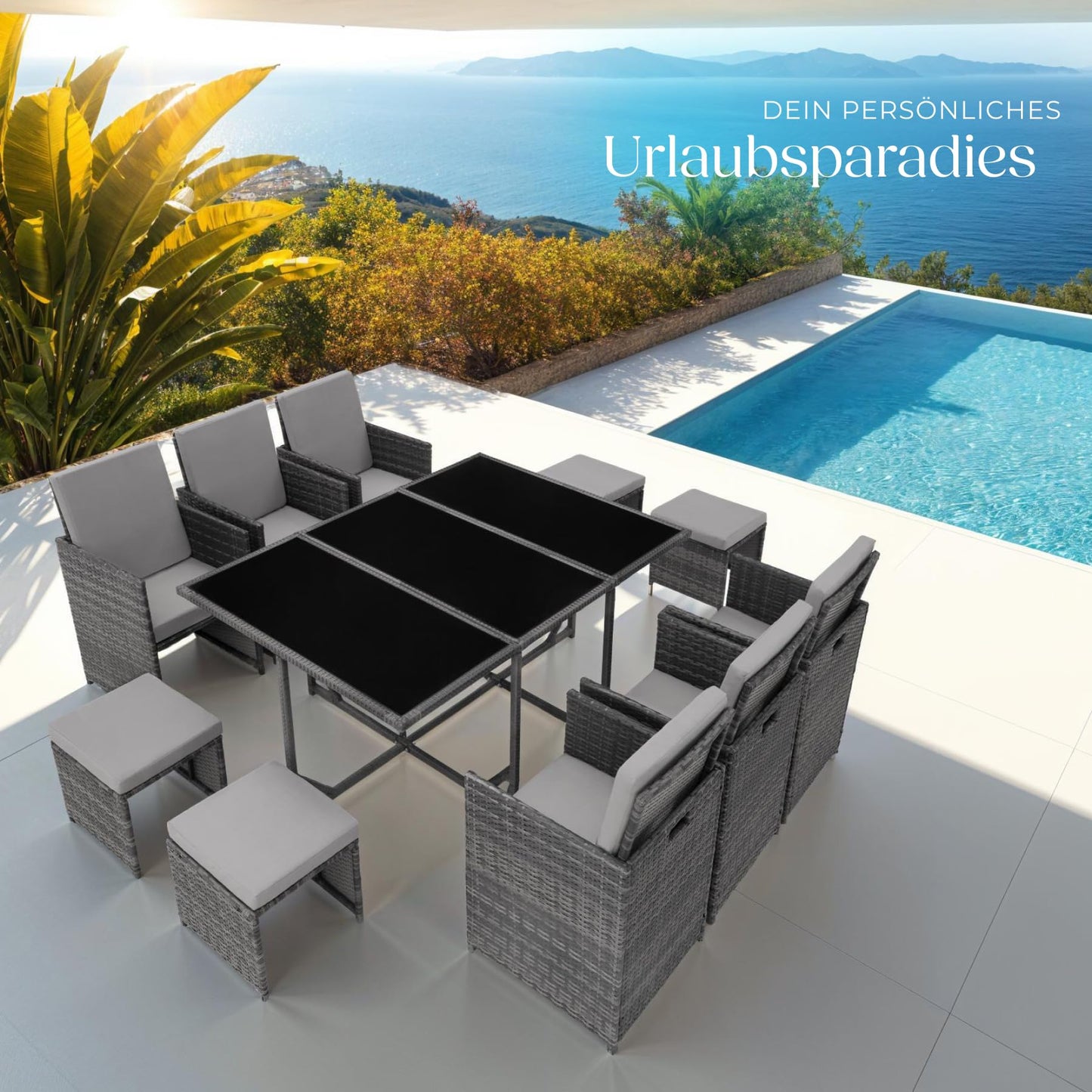 tectake® Outdoor Balkon Gartenmöbel Set, Lounge mit 6 Stühlen, 4 Hocker, 1 Tisch und Schutzhülle, Poly Rattan Geflecht, wetterfest, platzsparend - grau